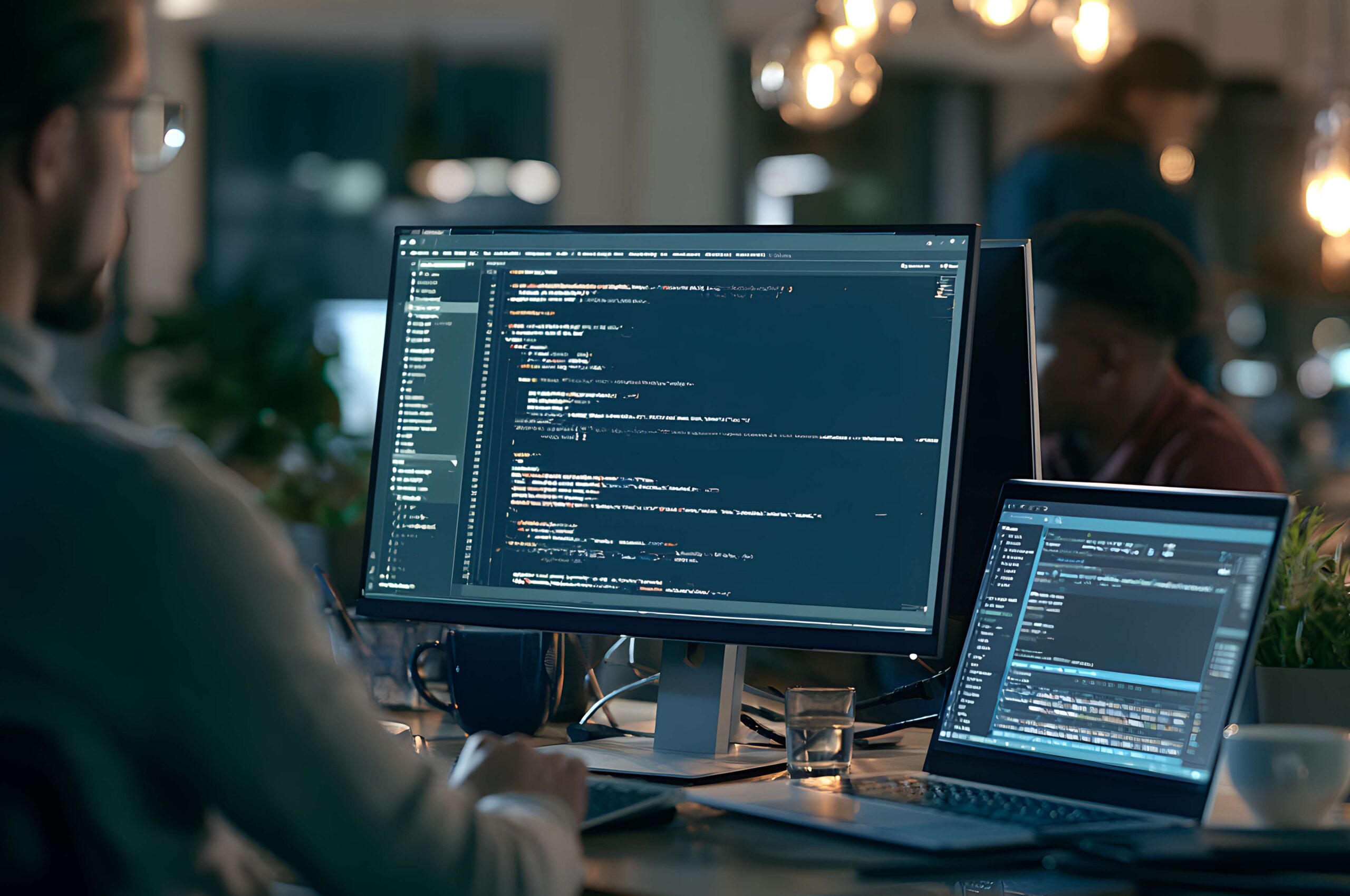 A Closer Look at a Computer Monitor Displaying Backend Code and a SQL Database Query, alongside a Laptop, as an Indistinct Software Developer Writes Scripts in a Bustling Work Environment with Various